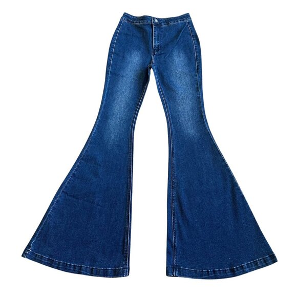 Kancan High Rise Super Wide Flare Jeans Dark Wash Stretchy Cotton Women's NWT - Picture 1 of 12